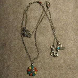 Lucky Brand Silver Necklace with Multicolor Floral Pendant